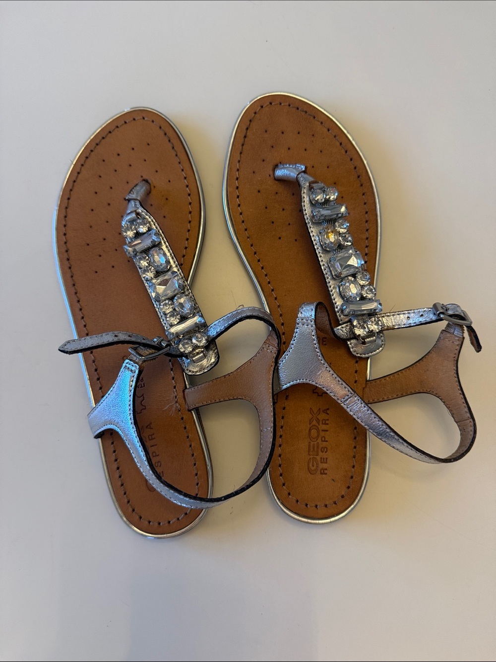 Geox Metallic Silver Jeweled T-Strap Sandals for Women